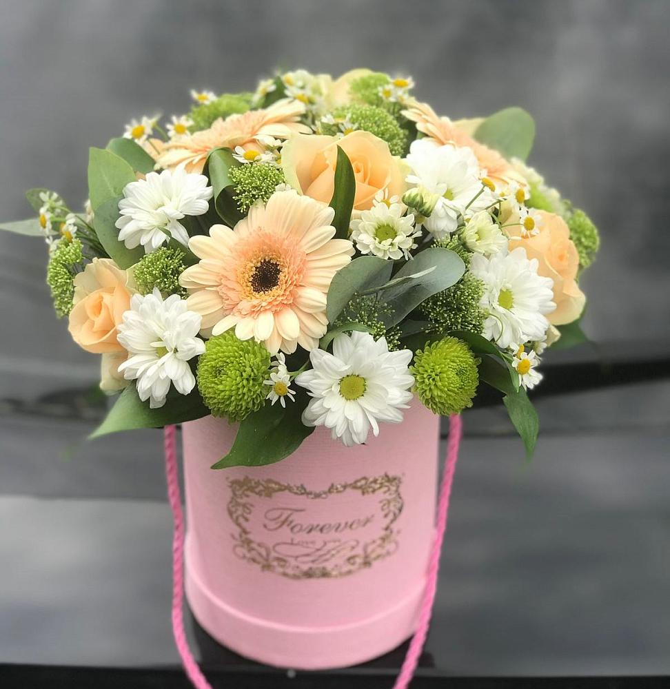 Цветочная композиция из Розы, Герберы и Хризантемы в шляпной коробке в Ногинск-9