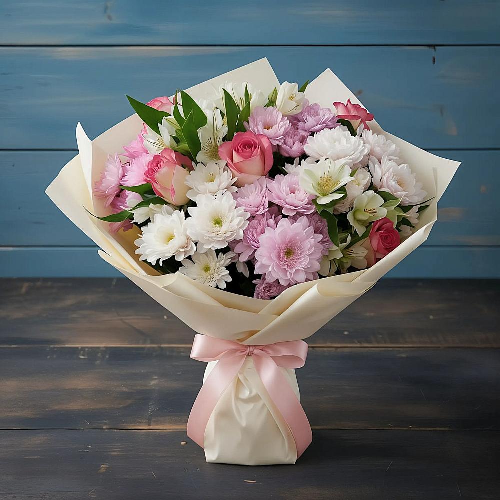 Букет цветов из: Хризантемы, Альстромерии и Розы в Ногинск-9